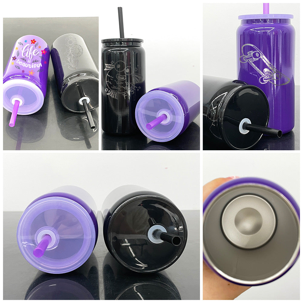 Halloween Purple Black 16oz Stainless Steel Can with Plastic lid and Straw for Sublimation /UV DTF Wraps _miki
