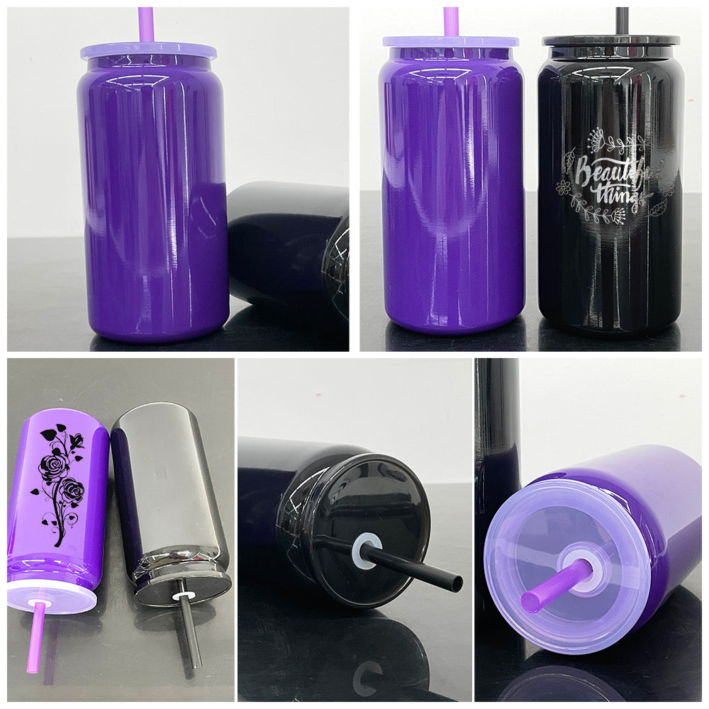 Halloween Purple Black 16oz Stainless Steel Can with Plastic lid and Straw for Sublimation /UV DTF Wraps _miki