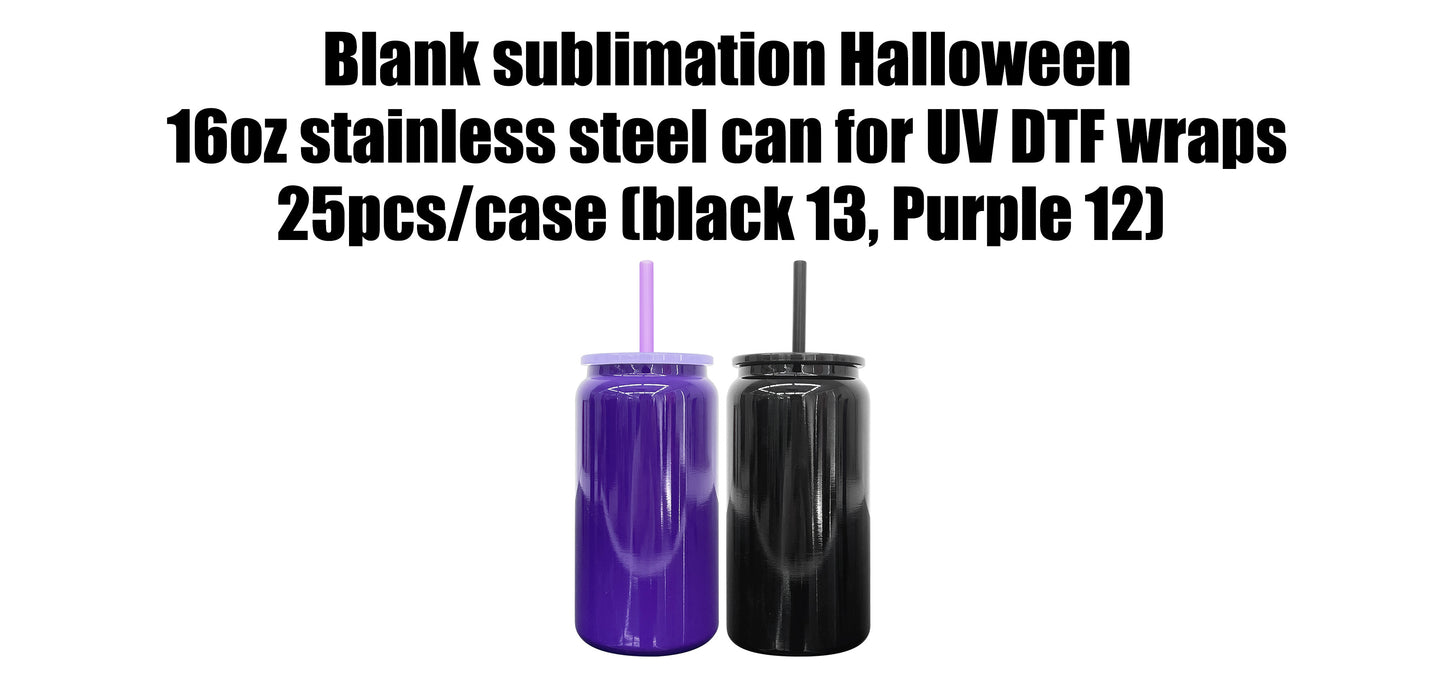 Halloween Purple Black 16oz Stainless Steel Can with Plastic lid and Straw for Sublimation /UV DTF Wraps _miki