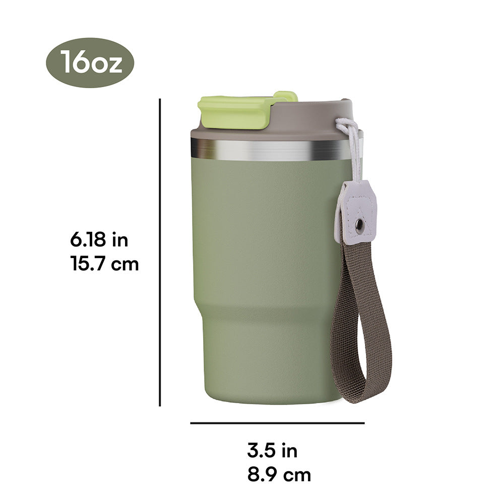 2-in-1 Lid 16oz Coffee Mug Double Wall Stainless Steel Vacuum Travel Mug with Strap_miki