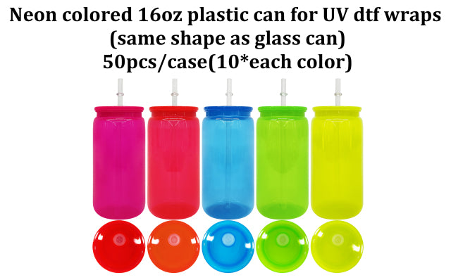 Neon colored 16oz plastic cans with pp lids and straws for UV DTF_miki