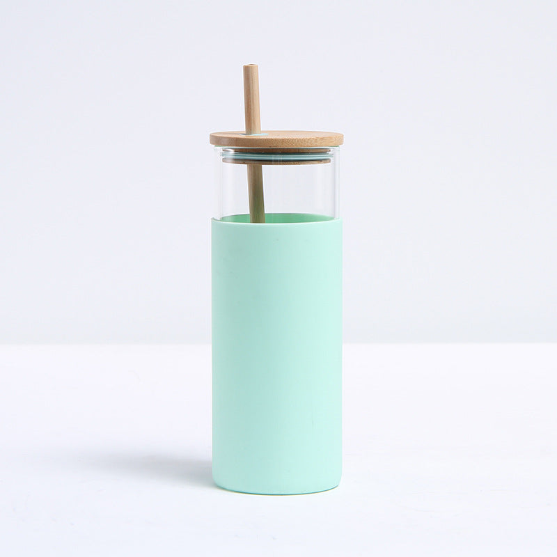 17oz straight glass tumbler cup with silicone protective sleeve,bamboo lid and straw_miki
