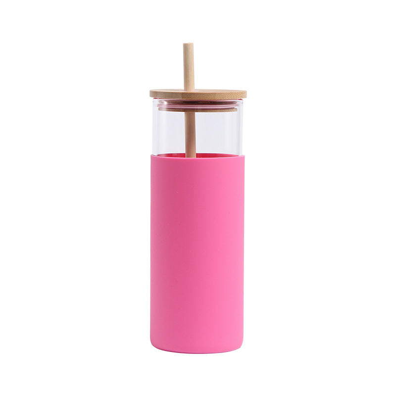 17oz straight glass tumbler cup with silicone protective sleeve,bamboo lid and straw_miki