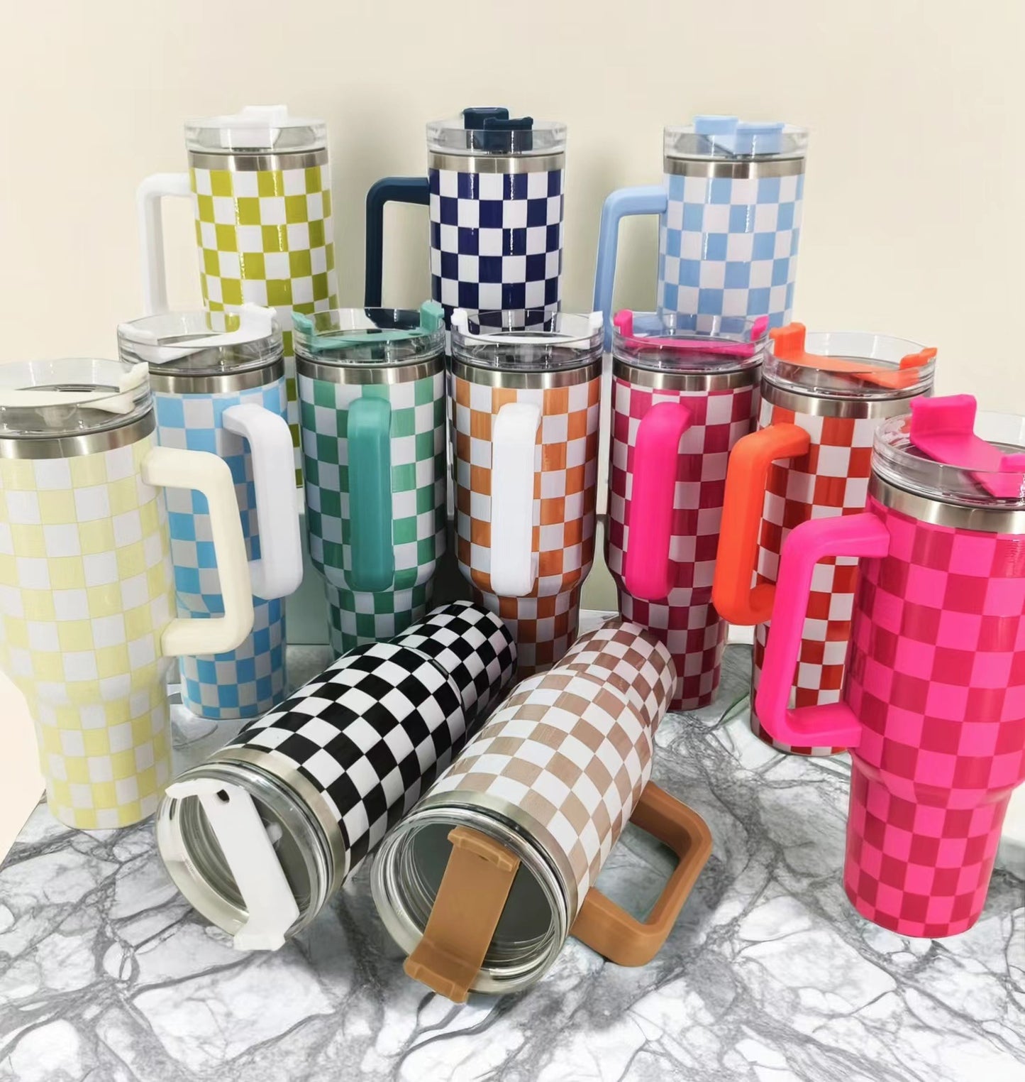 Checkerboard 5D printed H1.0 40oz quencher tumblers with lid and straw_miki