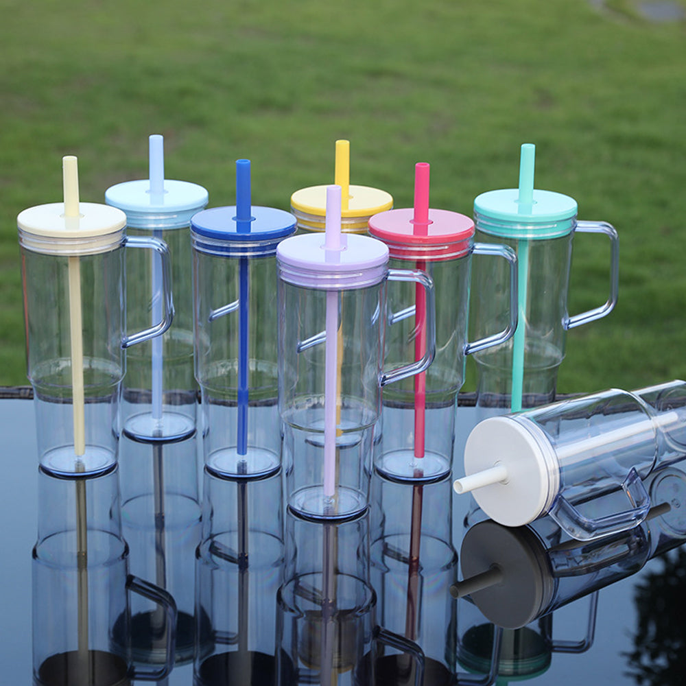 40oz Clear Plastic Tumbler with Handle, Colored Lid and Plastic Straw for UV DTF Wraps_ miki
