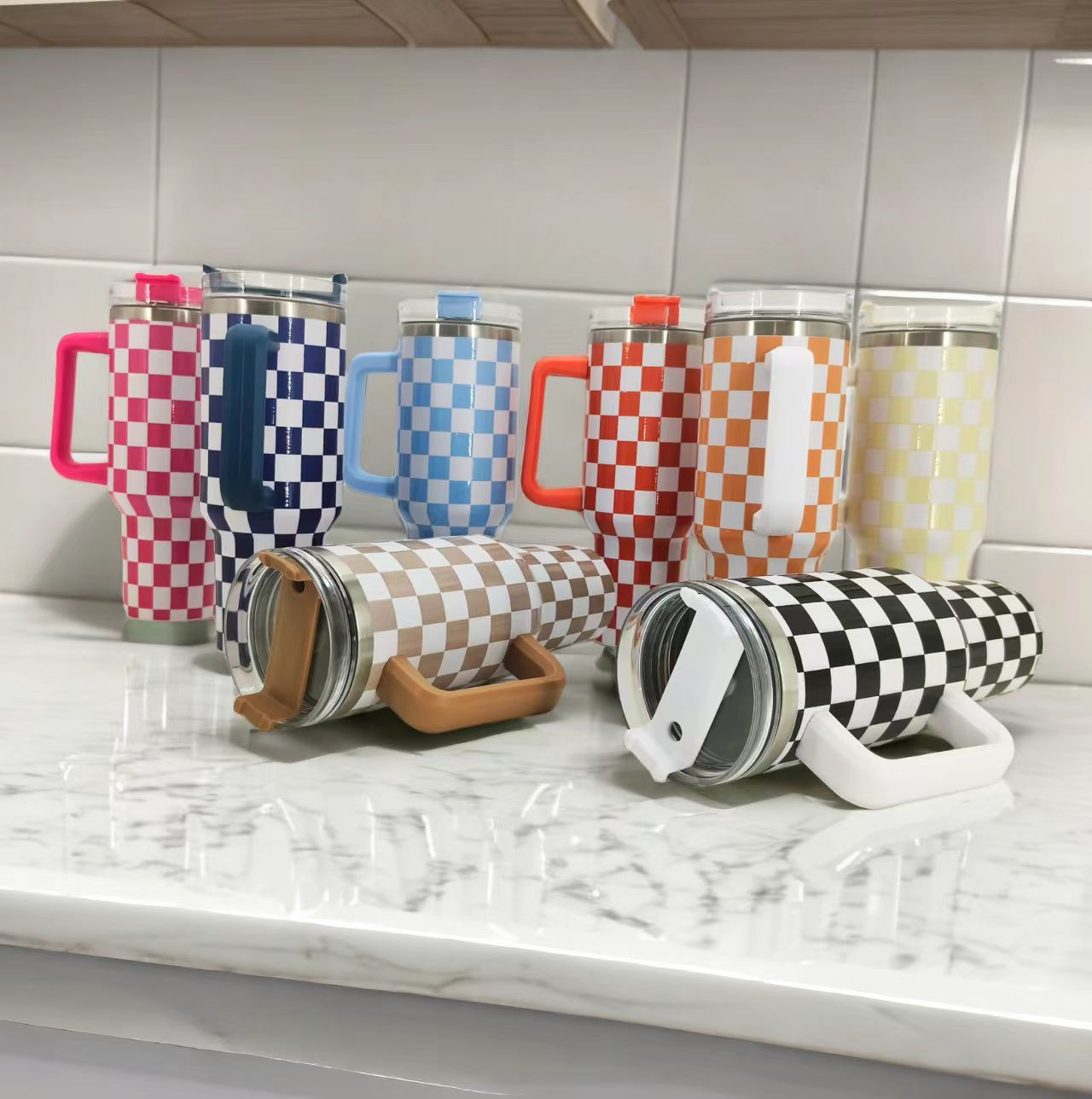 Checkerboard 5D printed H1.0 40oz quencher tumblers with lid and straw_miki
