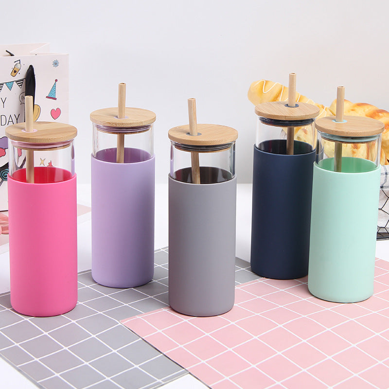 17oz straight glass tumbler cup with silicone protective sleeve,bamboo lid and straw_miki