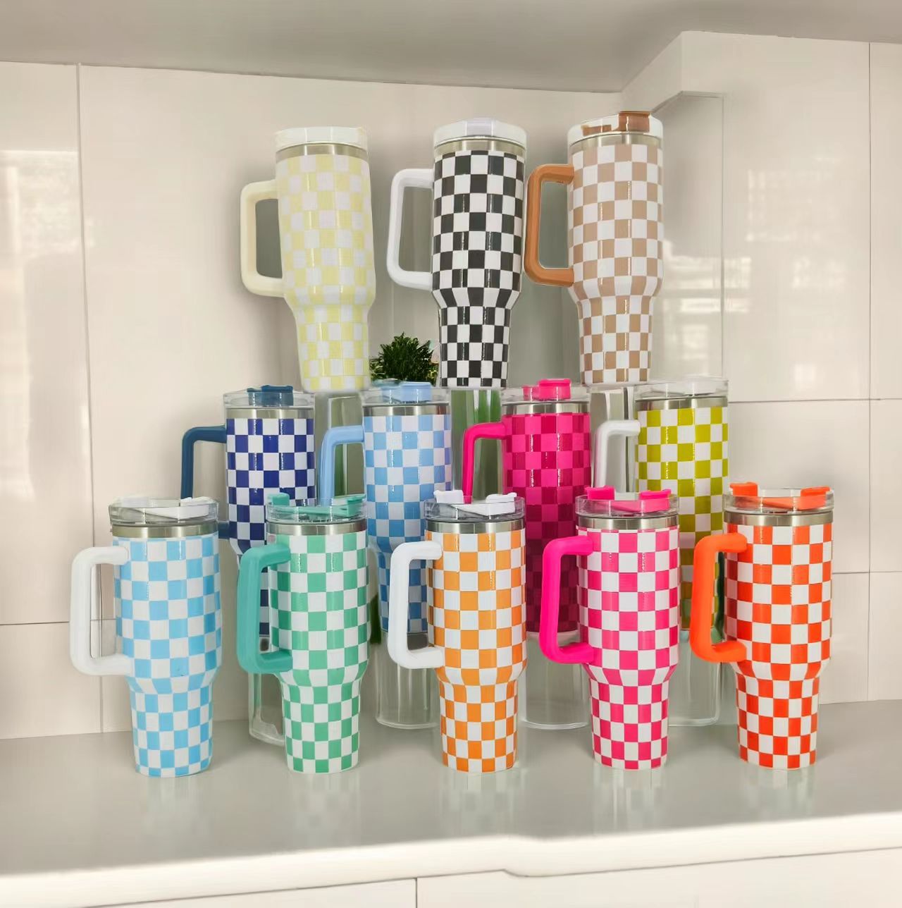 Checkerboard 5D printed H1.0 40oz quencher tumblers with lid and straw_miki