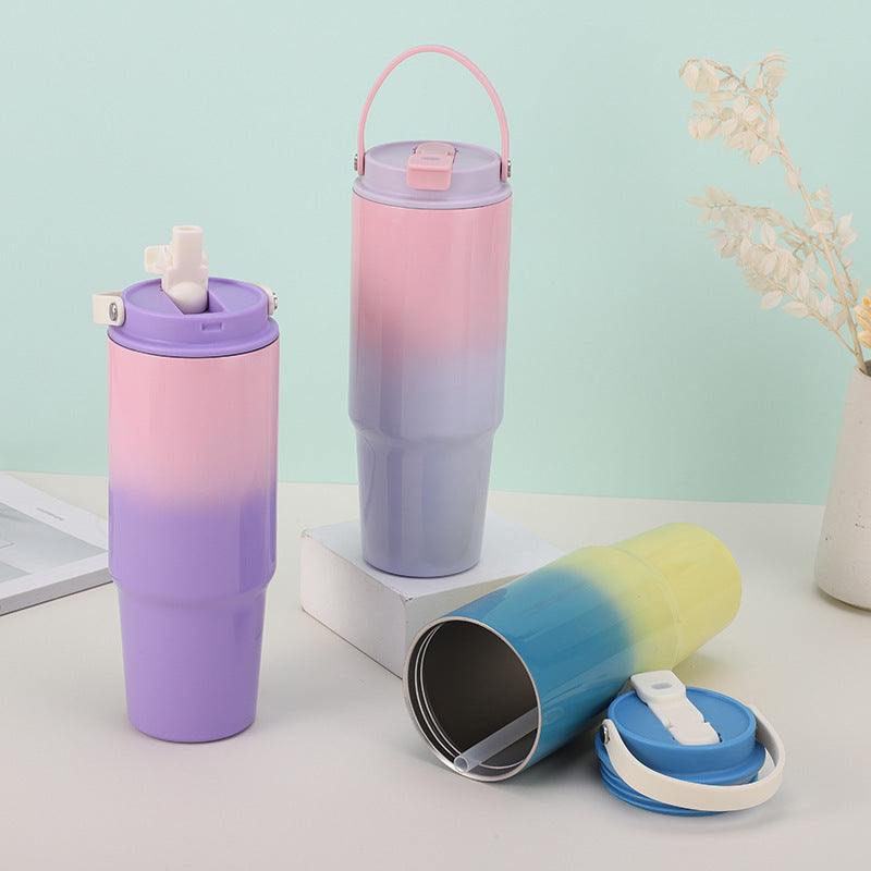 Starbucks Style 30oz Ombre Colored Vacuum Insulated Water Bottles with Flip Straw and Top Handle_ miki