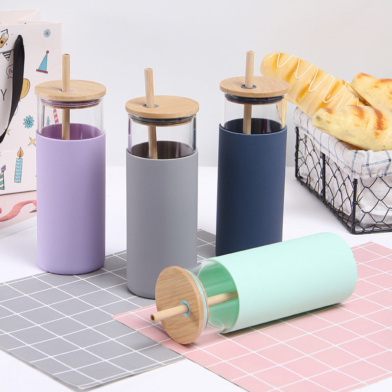 17oz straight glass tumbler cup with silicone protective sleeve,bamboo lid and straw_miki