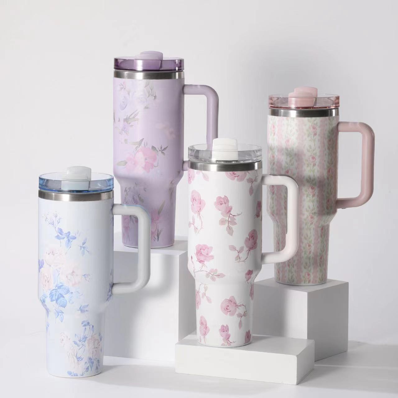40oz Gold Plated Love Shack Fancy H2.0 Flower Quencher Tumblers with Removable Handle and Straw_ miki