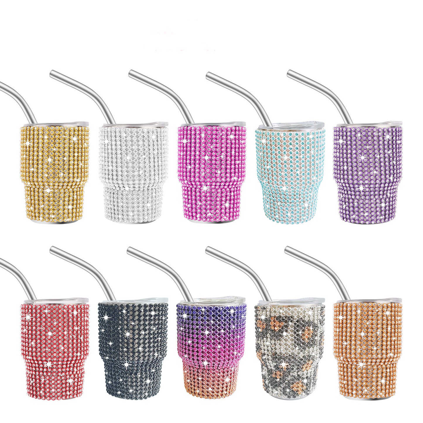 3oz rhinestone bling stainless steel shot glass with lid and metal straw_miki
