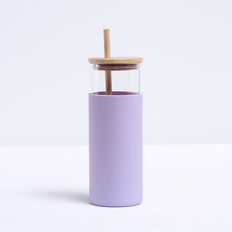 17oz straight glass tumbler cup with silicone protective sleeve,bamboo lid and straw_miki