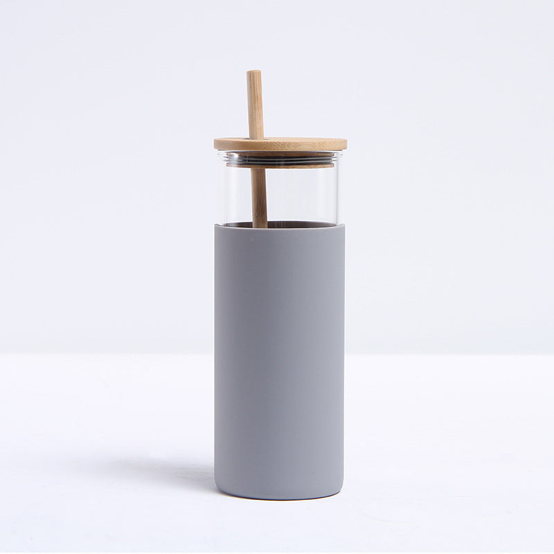 17oz straight glass tumbler cup with silicone protective sleeve,bamboo lid and straw_miki