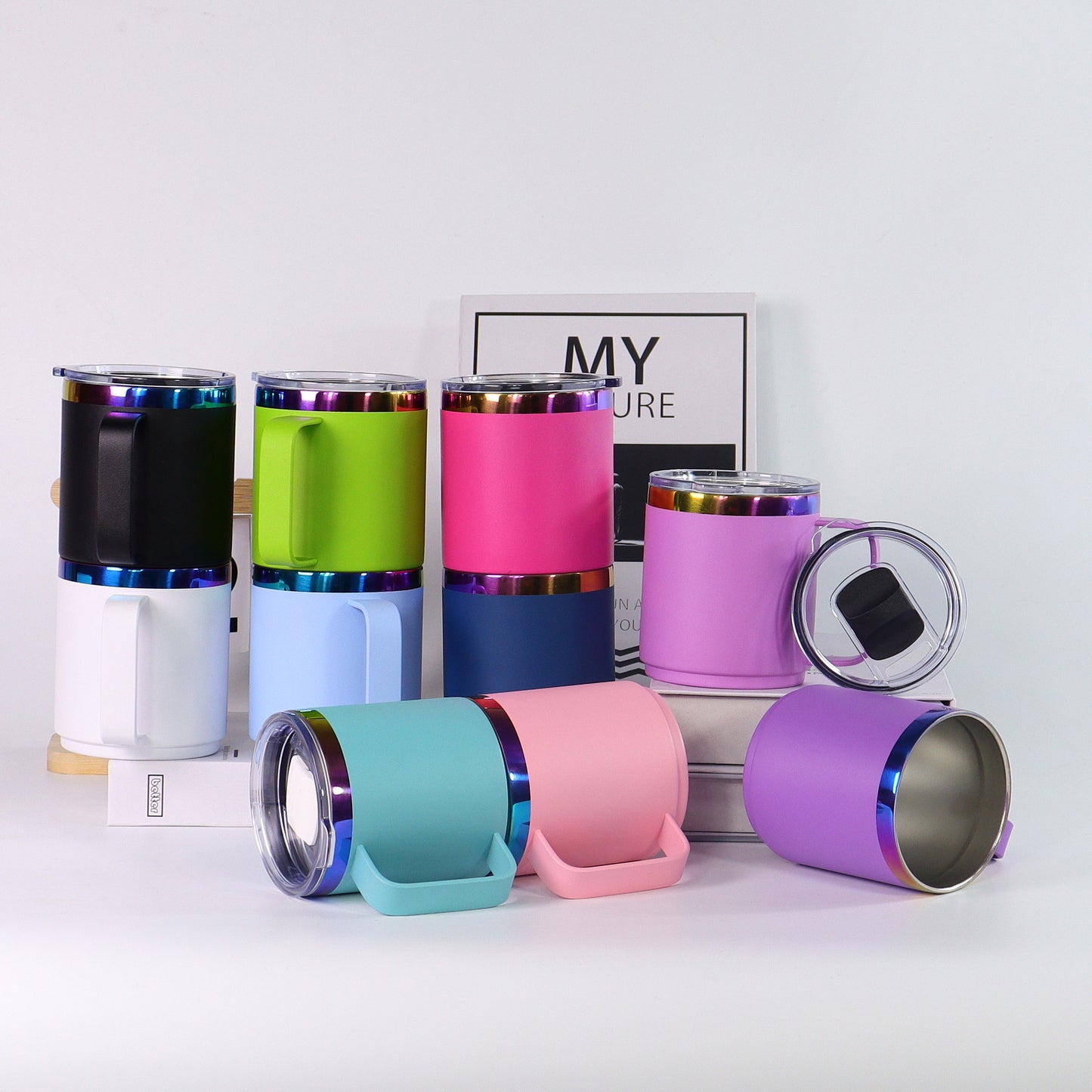 12oz Rainbow Plated Yeti Style Powder Coated Mugs With Handle And Magnetic Lid For Laser Engraving_miki