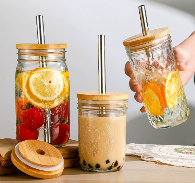 Ball Wide Mouth Glass Mason Jars With Bamboo Lid And Stainless Steel Straws For Smoothies, Milk Shakes, Iced Coffee_ miki