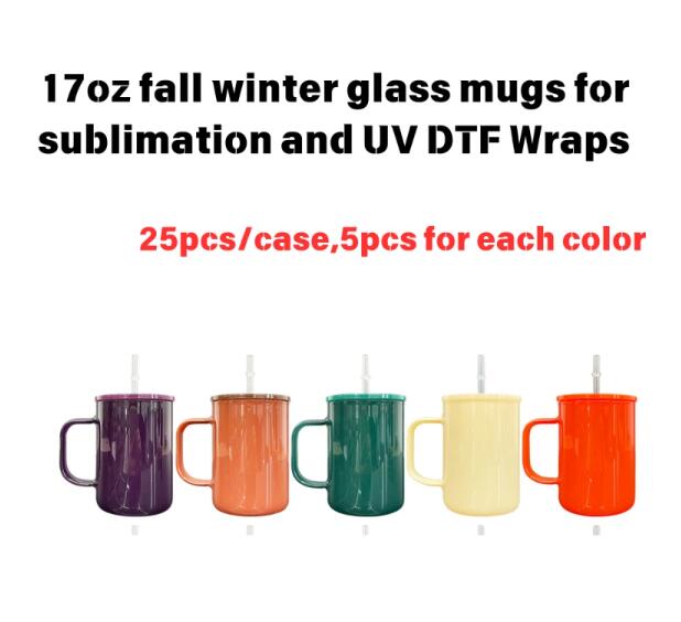 Sublimation Autumn Fall Winter Colored 17oz Glass Mugs With Handle For UV DTF Wraps_miki