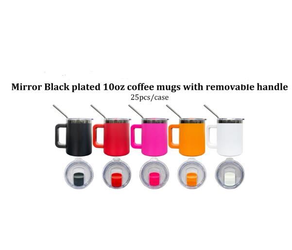 USA RTS_ Black Plated 10oz Magnetic Lid Powder Coated Stainless Steel Coffee Mugs With Removable Handle And Metal Straw_ miki