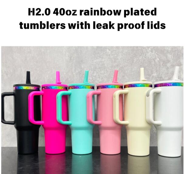 Leak Proof Rainbow Plated H2.0 40oz Quencher Tumblers With Lid and Straw Powder Coated for Laser Engraving_miki