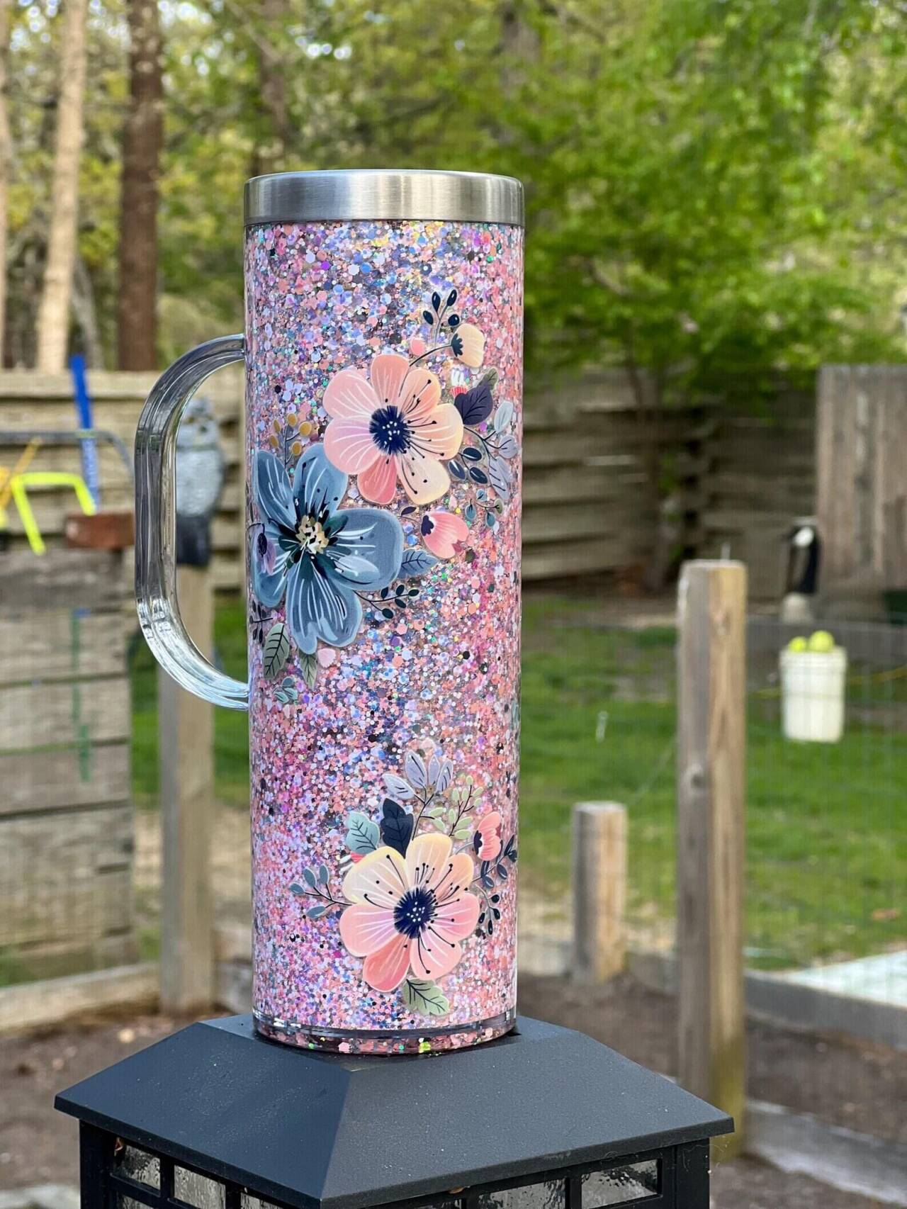 Pre-Drilled Sublimation White 20oz Double Walled Stainless Steel Snow Globe Tumbler with Handle, Lid and Straw _ miki