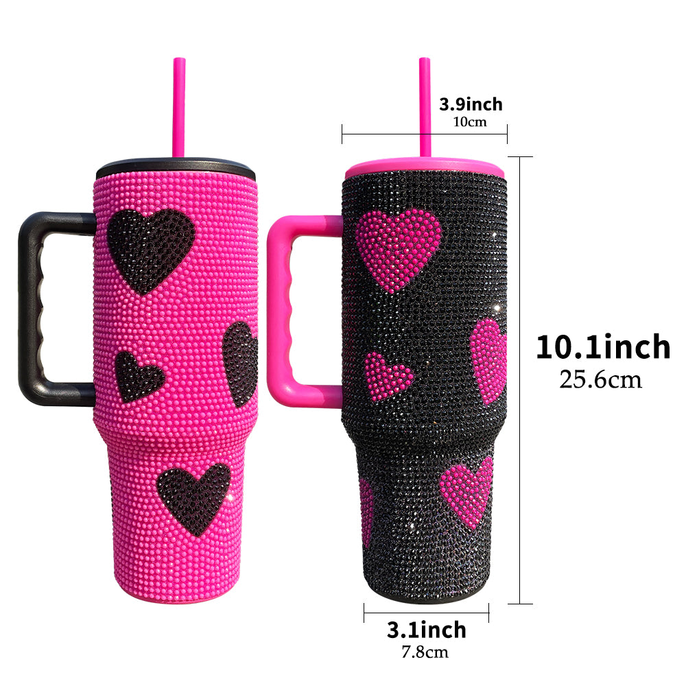 sweat heart printed rhinestone 40oz bling tumbler with handle,lid and straw_miki