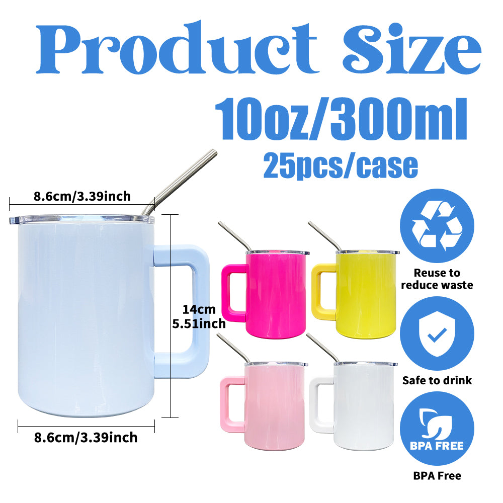 sublimation colored magnetic lid 10oz stainless steel coffee mugs with removable handle and metal straw_miki