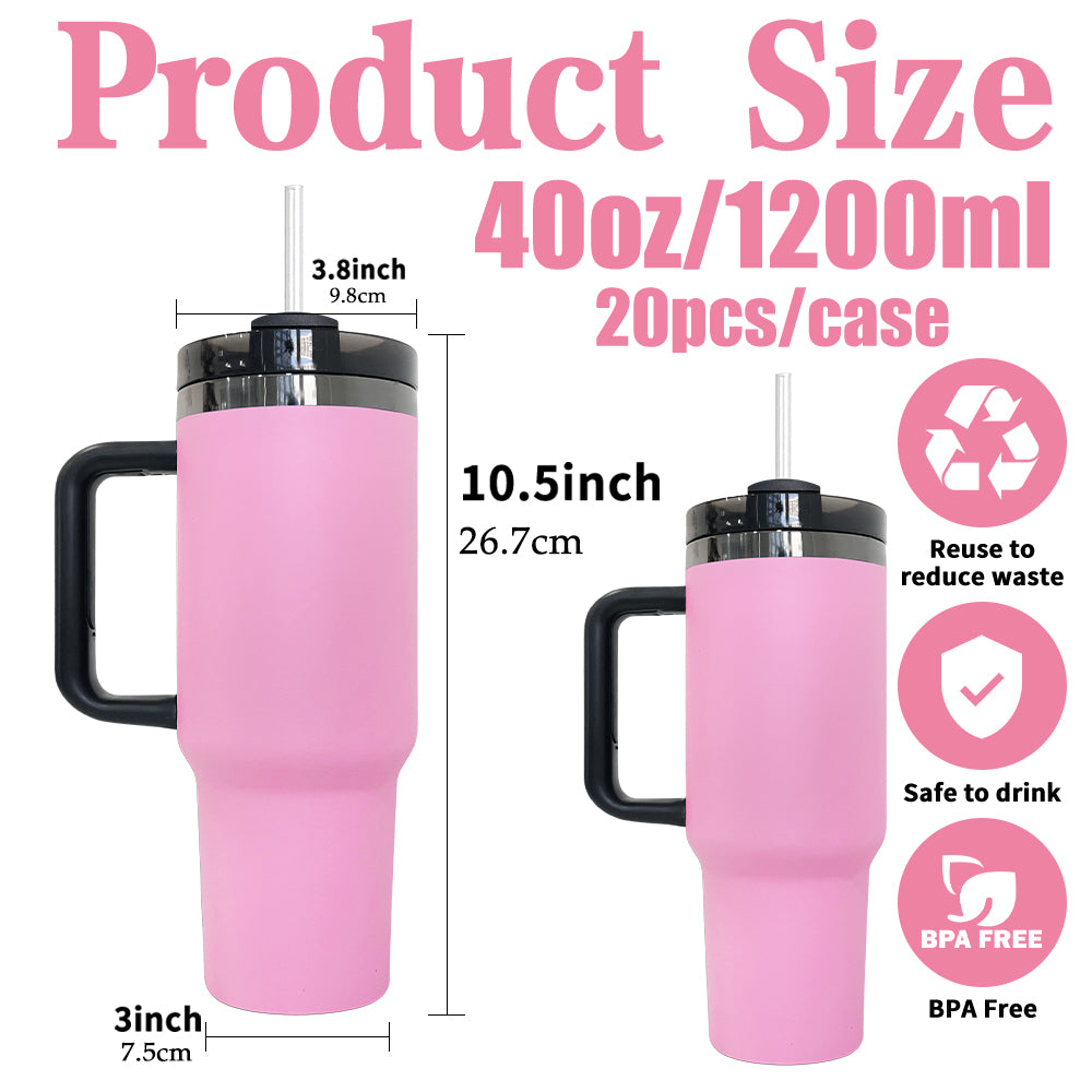 USA RTS_ Pink Powder Coated Black Underneath 40oz Quencher Tumbler With Black Lid and Handle For Laser Engraving _miki