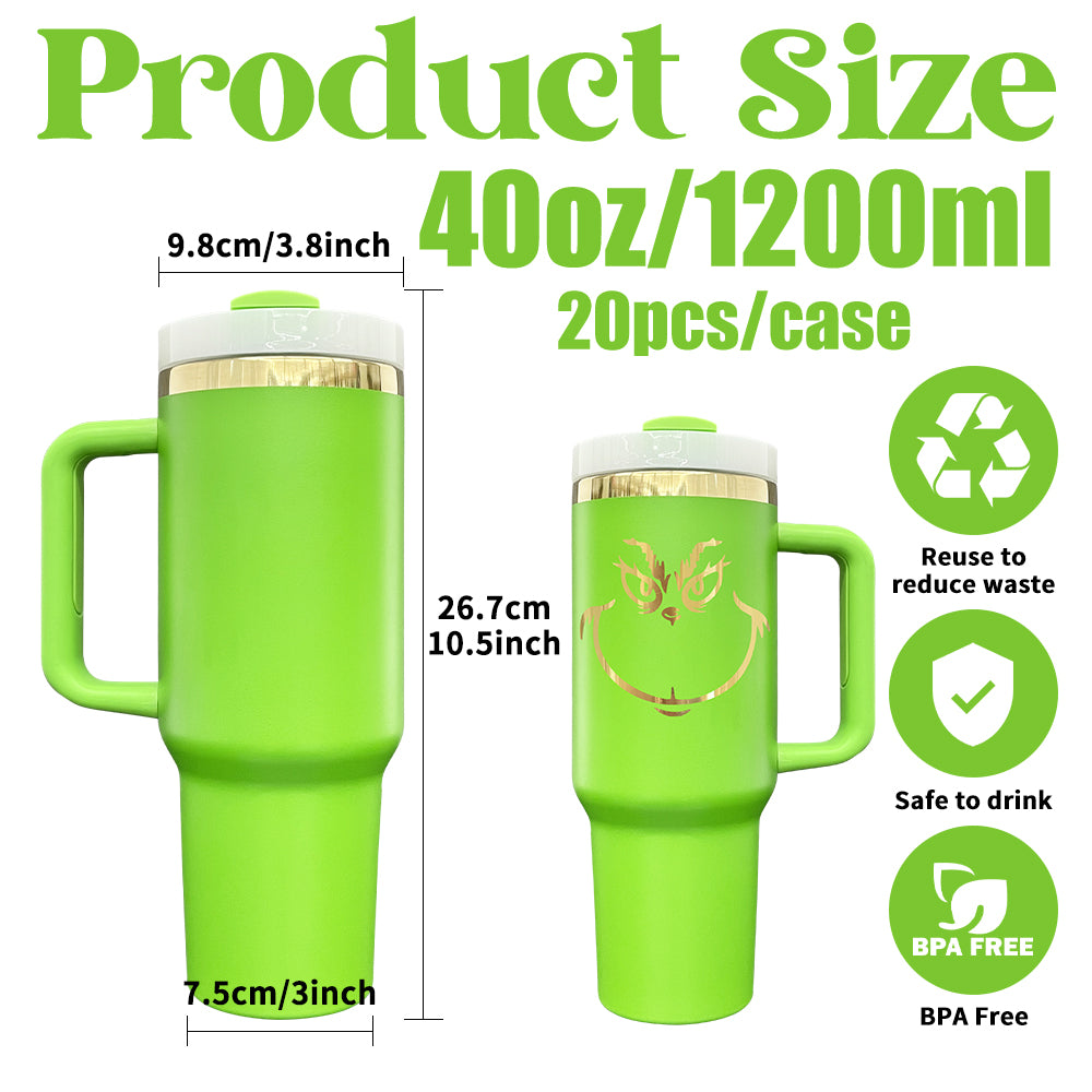 Mirror Gold Grinch Green Powder Coated H2.0 40oz Quencher Tumbler with Lid and Straw for Laser Engraving_ miki