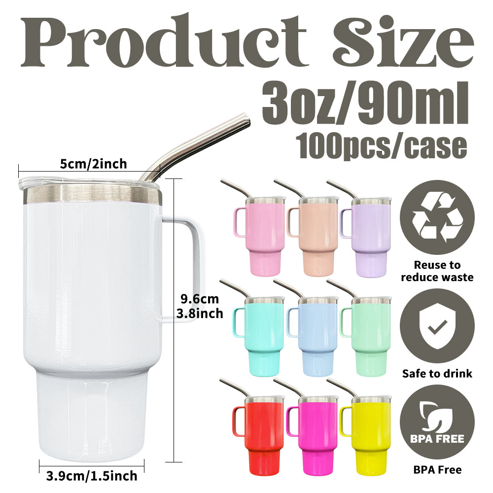 sublimation colored 3oz mini shot glass stainless steel with handle & metal straw,same shape as 40oz quencher tumbler_miki