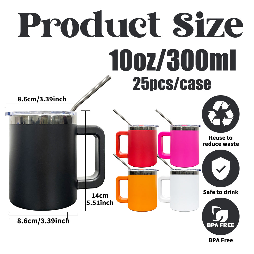 USA RTS_ Black Plated 10oz Magnetic Lid Powder Coated Stainless Steel Coffee Mugs With Removable Handle And Metal Straw_ miki