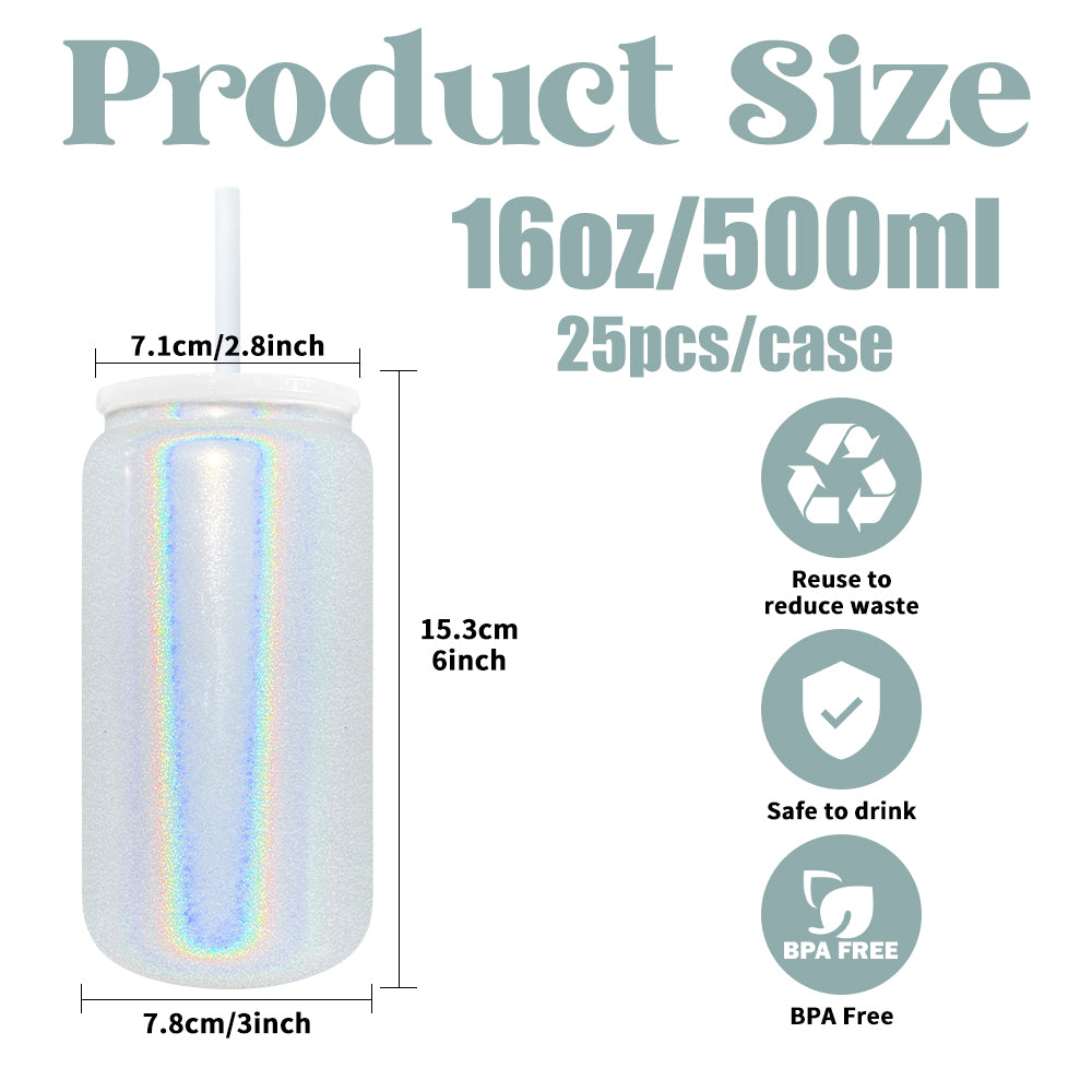 Sublimation Shimmer Glitter 16oz Vacuum Insulated Stainless Steel Can with Colored PP Lid and Straw_ miki