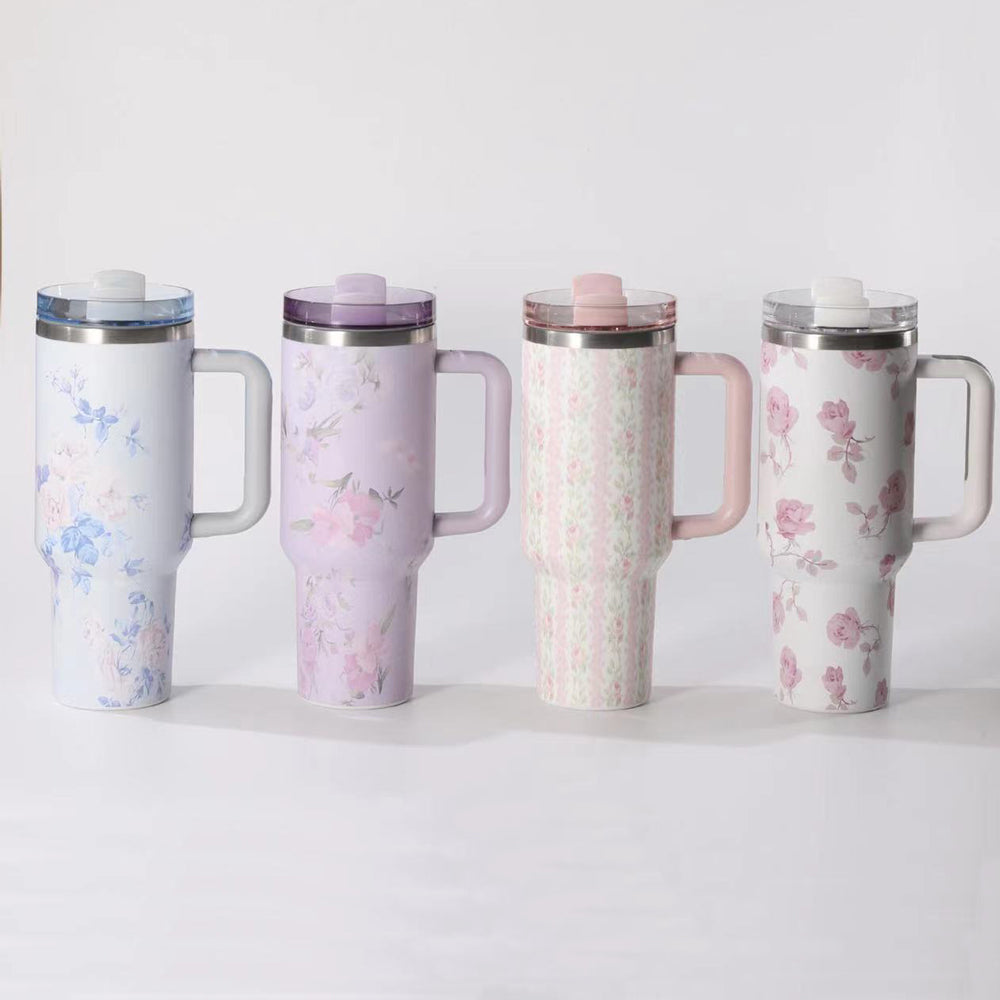 40oz Gold Plated Love Shack Fancy H2.0 Flower Quencher Tumblers with Removable Handle and Straw_ miki