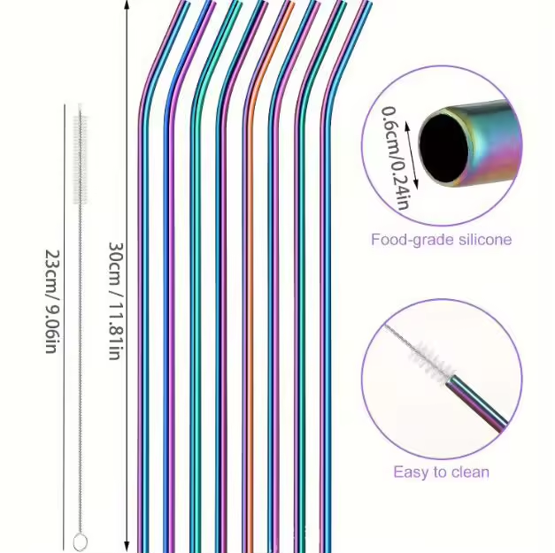 colorful rainbow 30cm stainless steel straws 11.8 inches metal straws with Cleaning Brush for 40oz tumblers_miki