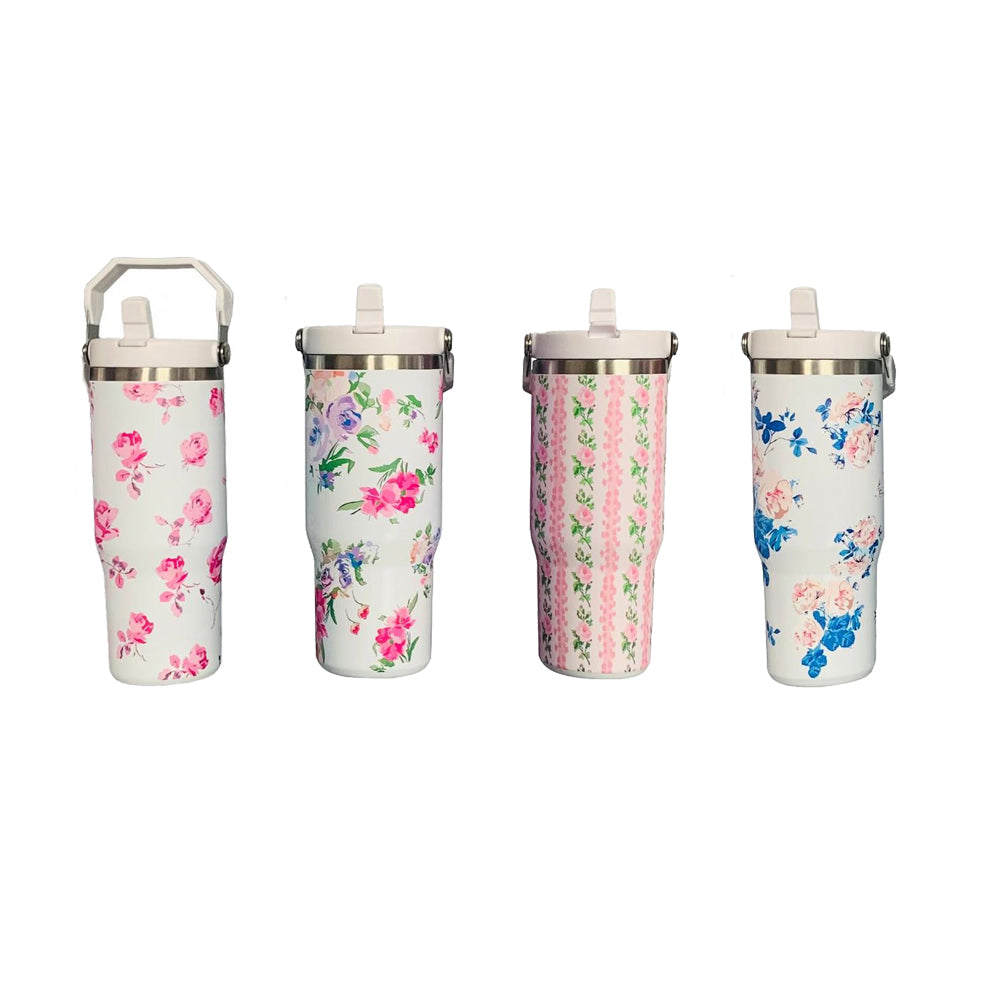 30oz Sliver Plate Love Shack Fancy Flower Flip Straw Water Bottles_ miki