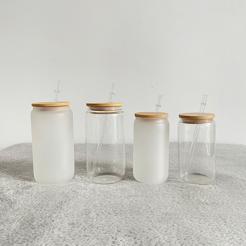 Blank Sublimation 20oz Clear & Frosted Glass Can wih Bamboo Lids and Plastic Straw_ miki