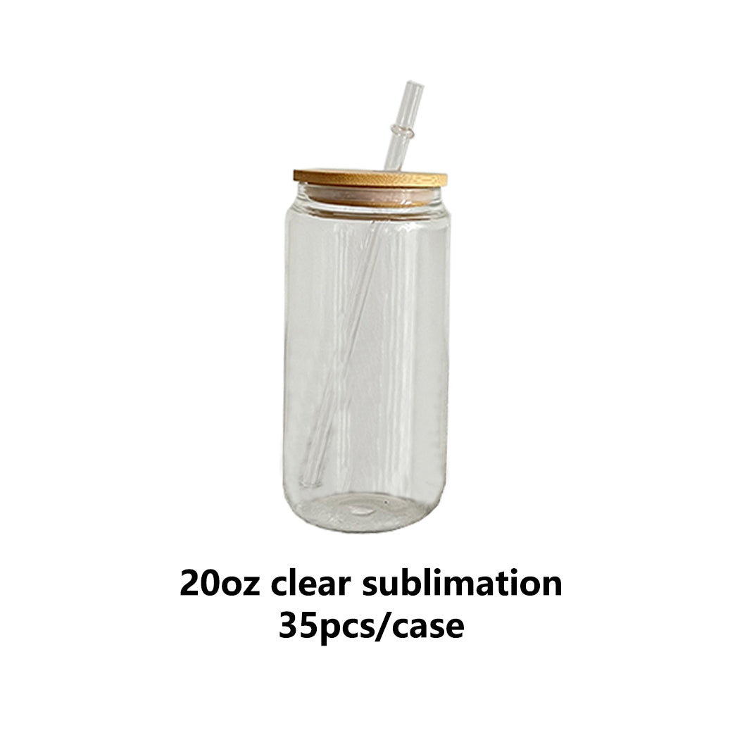 Blank Sublimation 20oz Clear & Frosted Glass Can wih Bamboo Lids and Plastic Straw_ miki