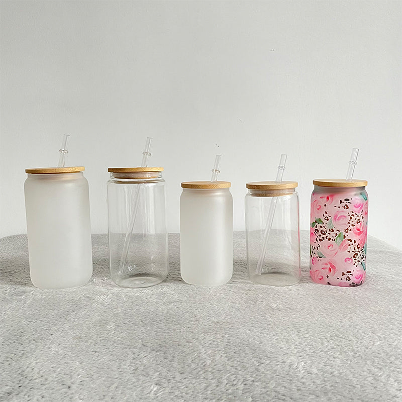 Blank Sublimation 20oz Clear & Frosted Glass Can wih Bamboo Lids and Plastic Straw_ miki
