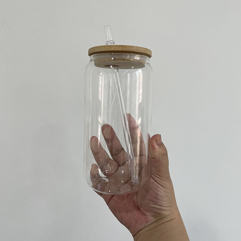 Blank Sublimation 20oz Clear & Frosted Glass Can wih Bamboo Lids and Plastic Straw_ miki