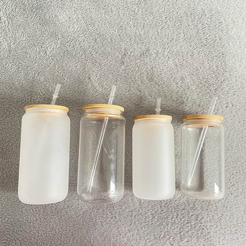 Blank Sublimation 20oz Clear & Frosted Glass Can wih Bamboo Lids and Plastic Straw_ miki