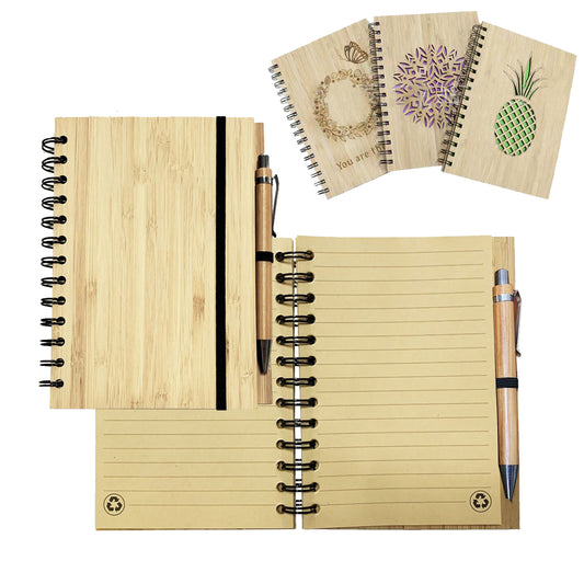 Blank Bamboo Notebook with Coil and Pen for Office Gifts _miki