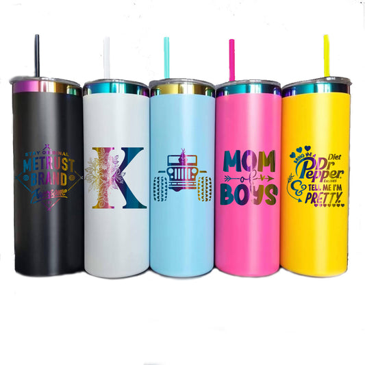 USA RTS_ powder coated 20oz rainbow plated skinny straight tumblers with leak proof lid and colorful straws_miki