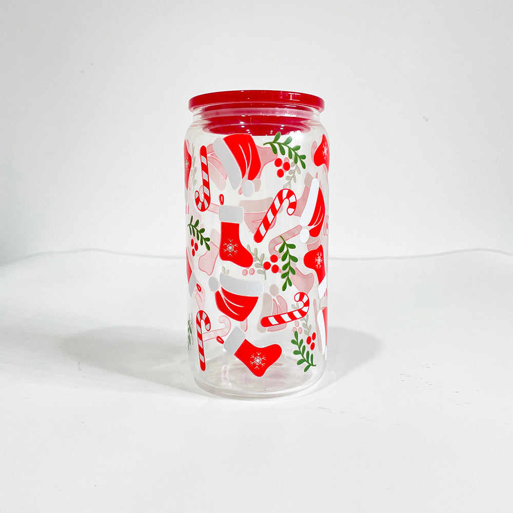 3D touch UV printing Christmas designed 16oz clear glass can with pp lid and straw_miki