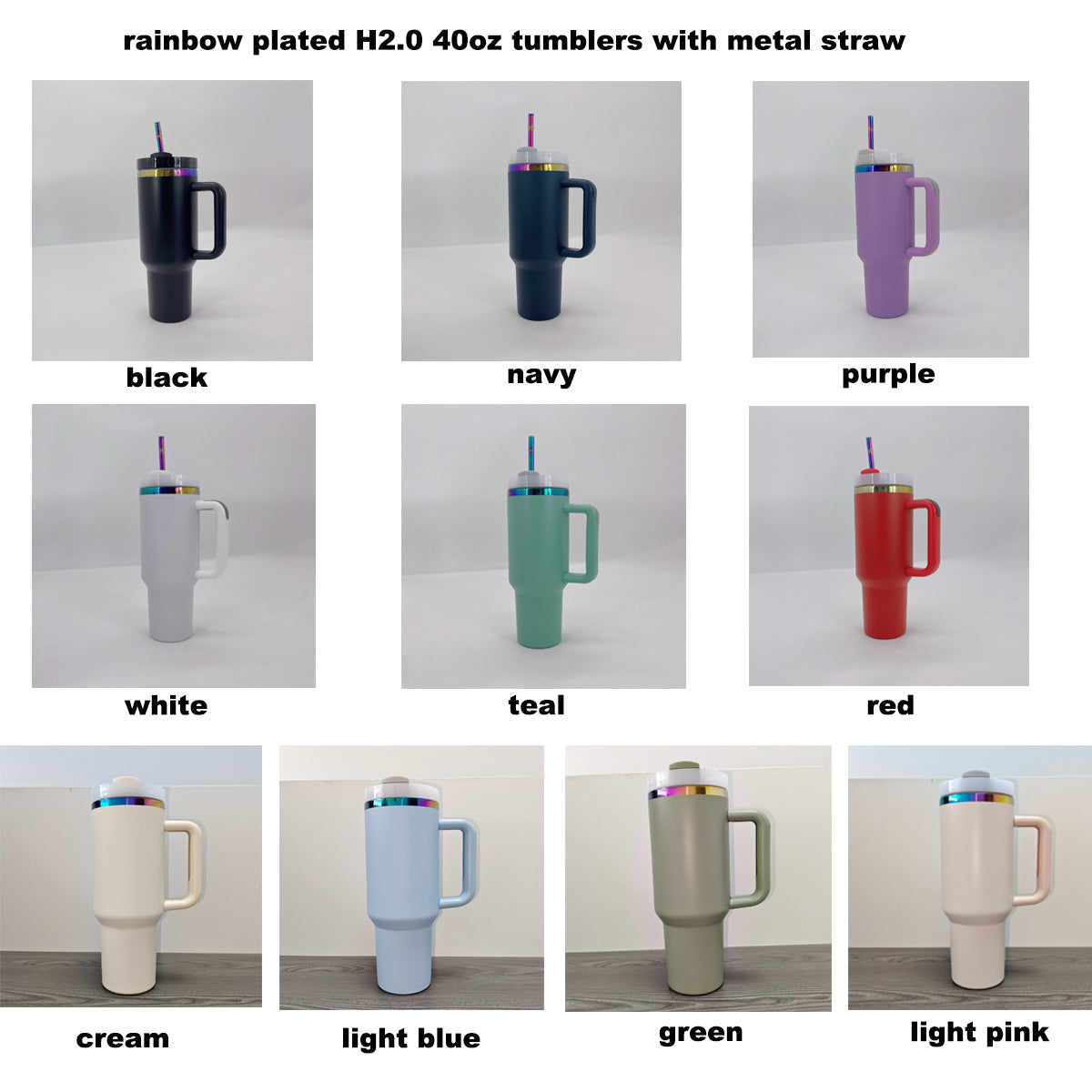 Rainbow Plated H2.0 Powder Coated 40oz Quencher Tumblers With Removal Handle And Metal Straw For Laser Engraving_miki