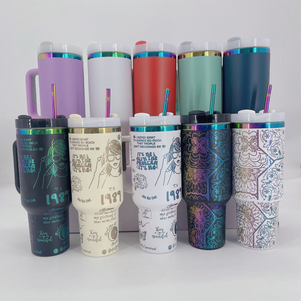 Rainbow Plated H2.0 Powder Coated 40oz Quencher Tumblers With Removal Handle And Metal Straw For Laser Engraving_miki