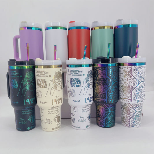 Rainbow Plated H2.0 Powder Coated 40oz Quencher Tumblers With Removal Handle And Metal Straw For Laser Engraving_miki