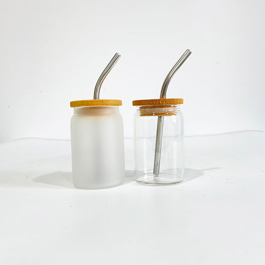 sublimation 3.5 OZ shot glass can with bamboo lid and metal straw_miki
