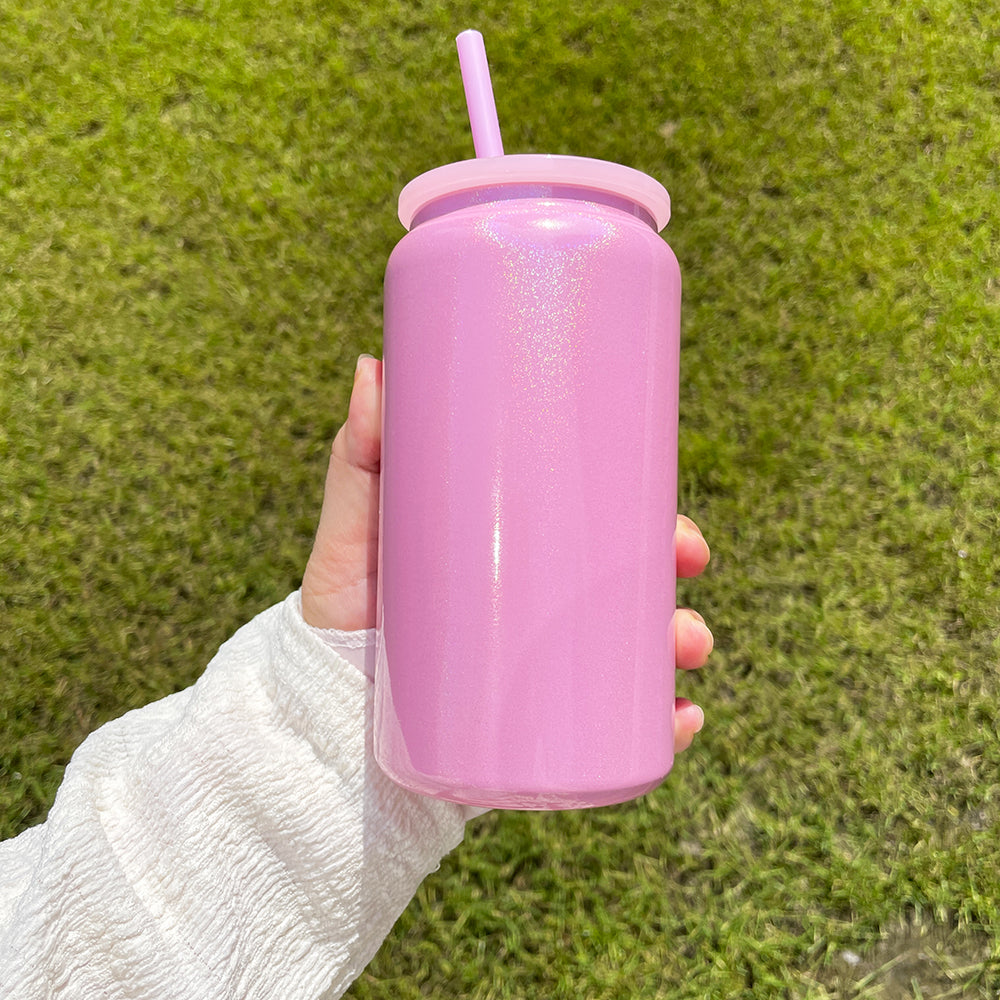 Sublimation Shimmer Glitter 16oz Vacuum Insulated Stainless Steel Can with Colored PP Lid and Straw_ miki