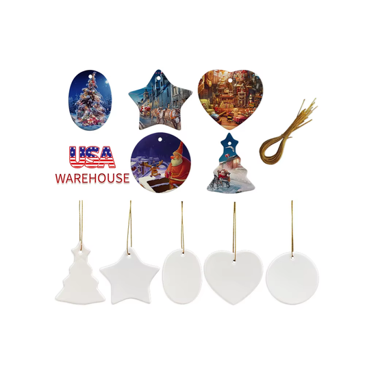 USA RTS_ Sublimation Ceramic/Aluminium/MDF Ornaments Mixed Shape for DIY Crafts Christmas Decorations with String_ Miki