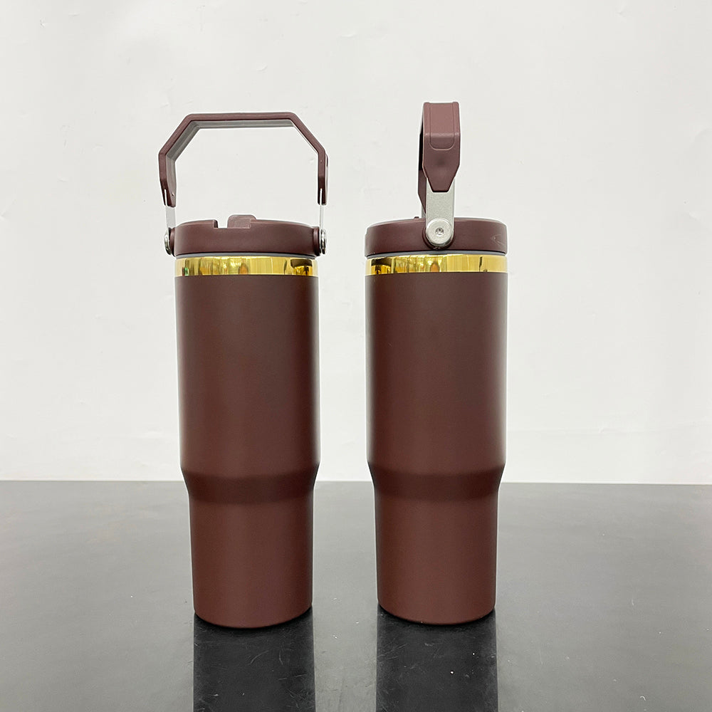🍫Chocolate Gold Plated 30oz Powder Coated Flip Straw Water Bottle For Laser Engraving _miki