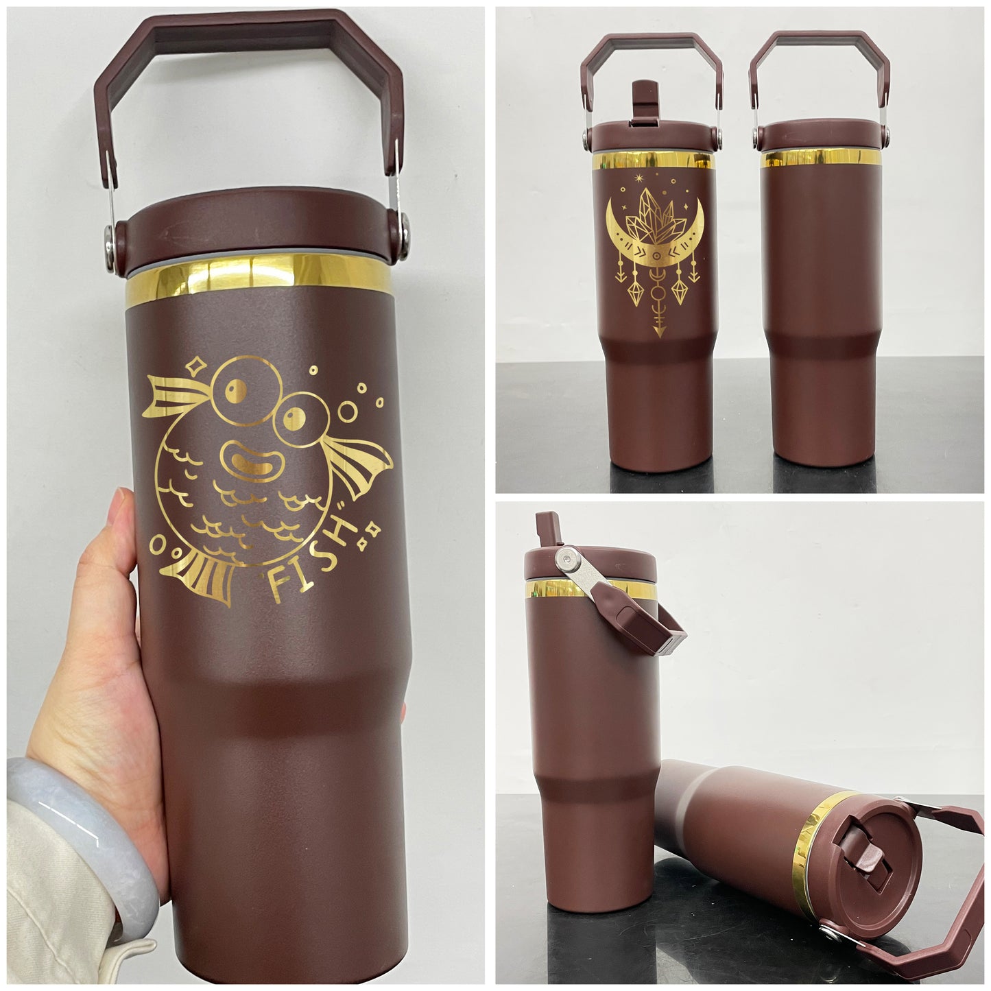 🍫Chocolate Gold Plated 30oz Powder Coated Flip Straw Water Bottle For Laser Engraving _miki